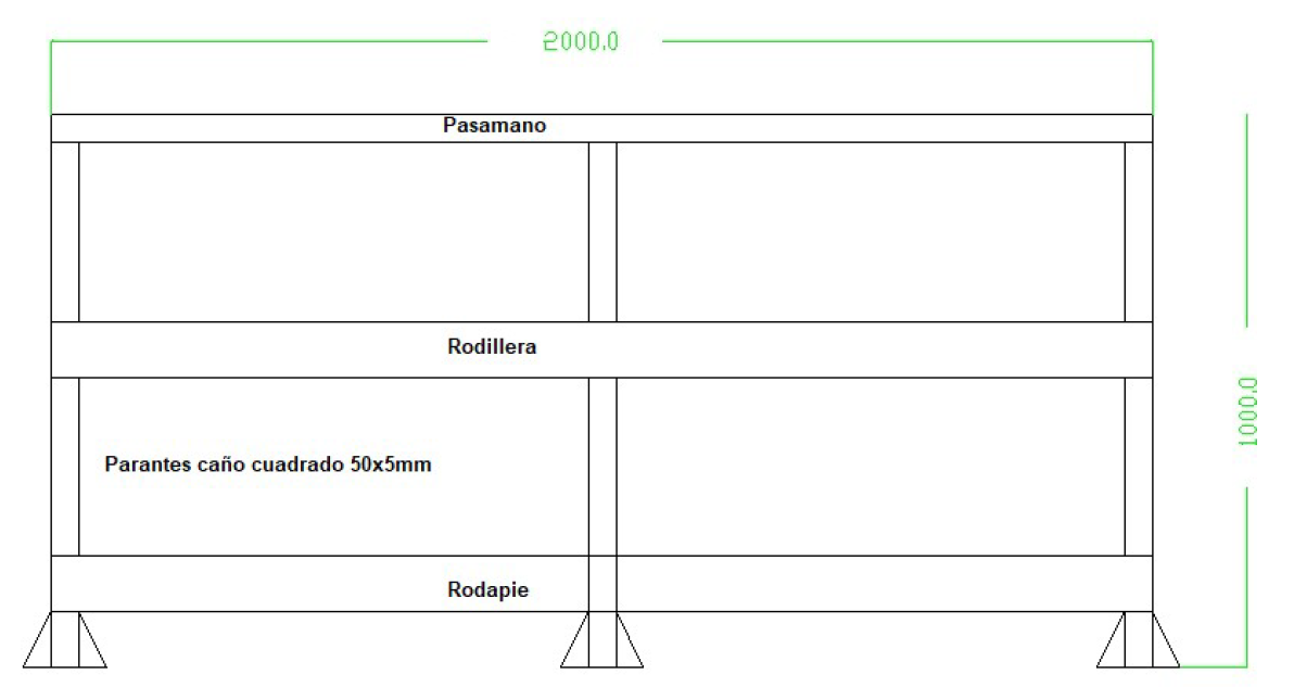 Plano de la baranda de fibra de vidrio PRFV de 2 m con pasamano, rodillera y rodapié